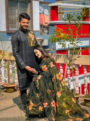 Buy stylesh-fashionable-best-hand-print-half-silk-saree-and-cotton-mixed-panjabi-for-man-and-women-  at Best Prices in Bangladesh