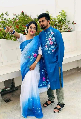 Buy stylesh-fashionable-best-hand-print-half-silk-saree-and-cotton-mixed-panjabi-for-man-and-women-  at Best Prices in Bangladesh