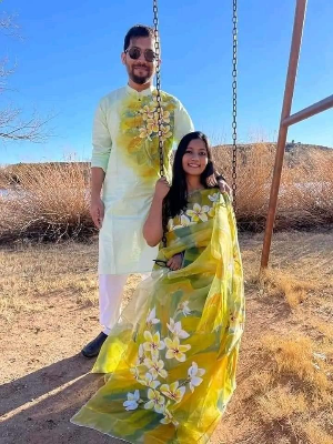 Buy stylesh-fashionable-best-hand-print-half-silk-saree-and-cotton-mixed-panjabi-for-man-and-women-  at Best Prices in Bangladesh