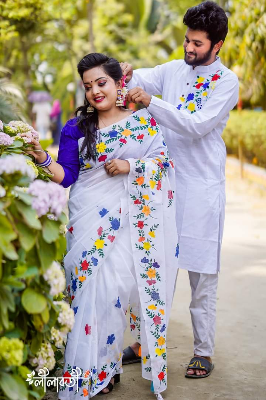 Buy stylesh-fashionable-best-hand-print-half-silk-saree-and-cotton-mixed-panjabi-for-man-and-women-  at Best Prices in Bangladesh