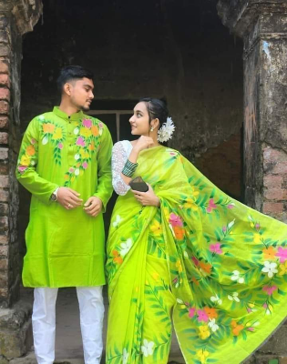 Buy stylesh-fashionable-best-hand-print-half-silk-saree-and-cotton-mixed-panjabi-for-man-and-women-  at Best Prices in Bangladesh