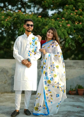 Buy stylesh-fashionable-best-hand-print-half-silk-saree-and-cotton-mixed-panjabi-for-man-and-women-  at Best Prices in Bangladesh