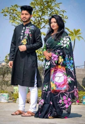 Buy stylesh-fashionable-best-hand-print-half-silk-saree-and-cotton-mixed-panjabi-for-man-and-women-  at Best Prices in Bangladesh