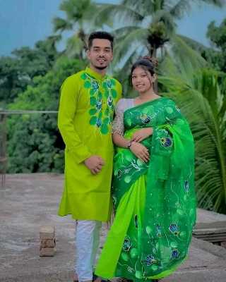 Buy stylesh-fashionable-best-hand-print-half-silk-saree-and-cotton-mixed-panjabi-for-man-and-women-  at Best Prices in Bangladesh