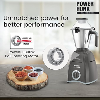 Buy Havells Power Hunk 4 Jars 800 watt Mixer Grinder with 3 Wider mouth Stainless Steel Jar, Hands Free operation, SS-304 Grade Blade Grey Online