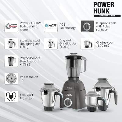 Buy Havells Power Hunk 4 Jars 800 watt Mixer Grinder with 3 Wider mouth Stainless Steel Jar, Hands Free operation, SS-304 Grade Blade Grey Online