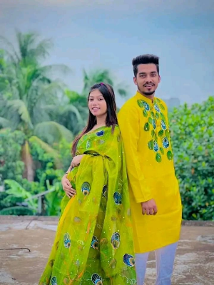 Buy stylesh-fashionable-best-hand-print-half-silk-saree-and-cotton-mixed-panjabi-for-man-and-women-  at Best Prices in Bangladesh