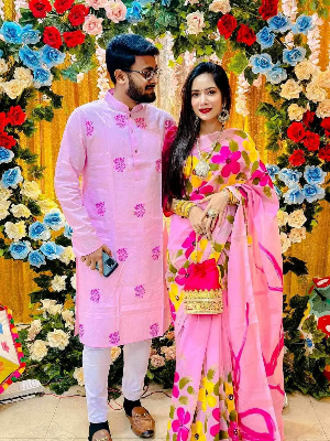 Buy stylesh-fashionable-best-hand-print-half-silk-saree-and-cotton-mixed-panjabi-for-man-and-women-  at Best Prices in Bangladesh