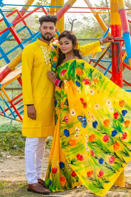 Buy stylesh-fashionable-best-hand-print-half-silk-saree-and-cotton-mixed-panjabi-for-man-and-women-  at Best Prices in Bangladesh