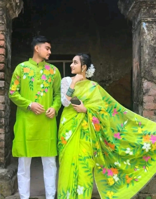 Buy stylesh-fashionable-best-hand-print-half-silk-saree-and-cotton-mixed-panjabi-for-man-and-women-  at Best Prices in Bangladesh