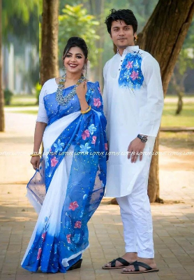 Buy stylesh-fashionable-best-hand-print-half-silk-saree-and-cotton-mixed-panjabi-for-man-and-women-  at Best Prices in Bangladesh