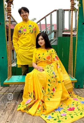 Buy stylesh-fashionable-best-hand-print-half-silk-saree-and-cotton-mixed-panjabi-for-man-and-women-  at Best Prices in Bangladesh