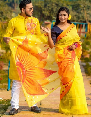 Buy stylesh-fashionable-best-hand-print-half-silk-saree-and-cotton-mixed-panjabi-for-man-and-women-  at Best Prices in Bangladesh