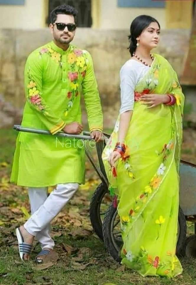 Buy stylesh-fashionable-best-hand-print-half-silk-saree-and-cotton-mixed-panjabi-for-man-and-women-  at Best Prices in Bangladesh