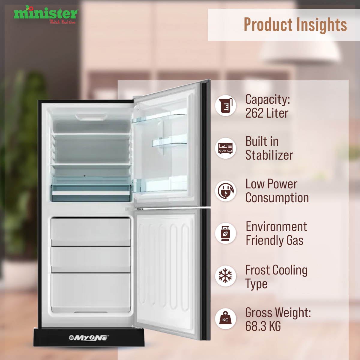 Picture of MYONE MY-2F2G Refrigerator - 262 Liter - FRACTAL SPIRAL BLACK FULL MATCH