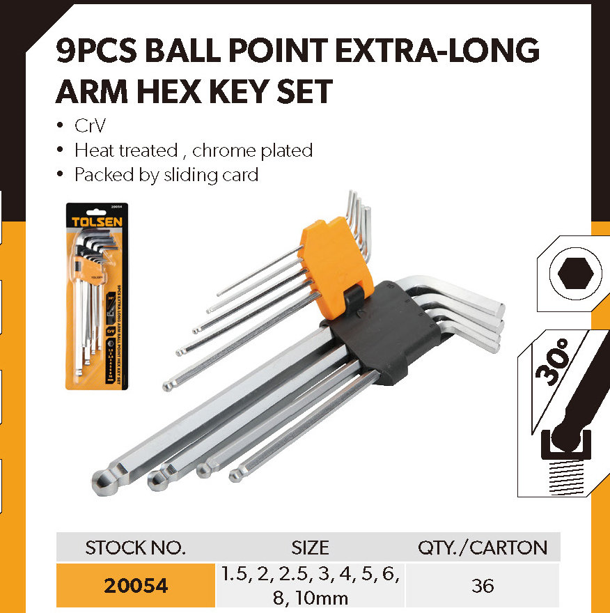 Picture of TOLSEN 9Pcs Extra Long Arm Allen Hex Ball L Key Set Hexagon Wrenches Metric 20054 - Kings Trading