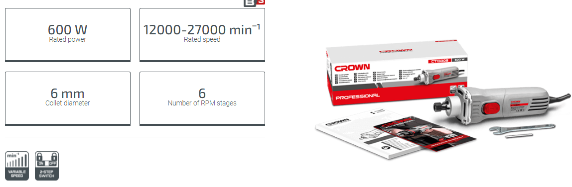 Picture of CROWN Straight Die Grinder 600W Short Neck Collet (6mm 1/4") CT13308 - Kings Trading
