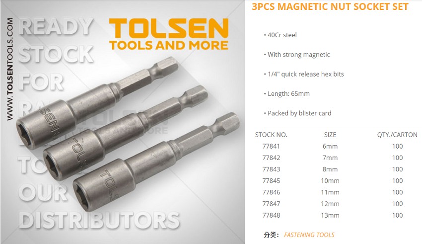 Picture of TOLSEN 3Pcs Magnetic Nut Socket Set (8mm x 65mm) Tek Screw Bits 77843 - Kings Trading