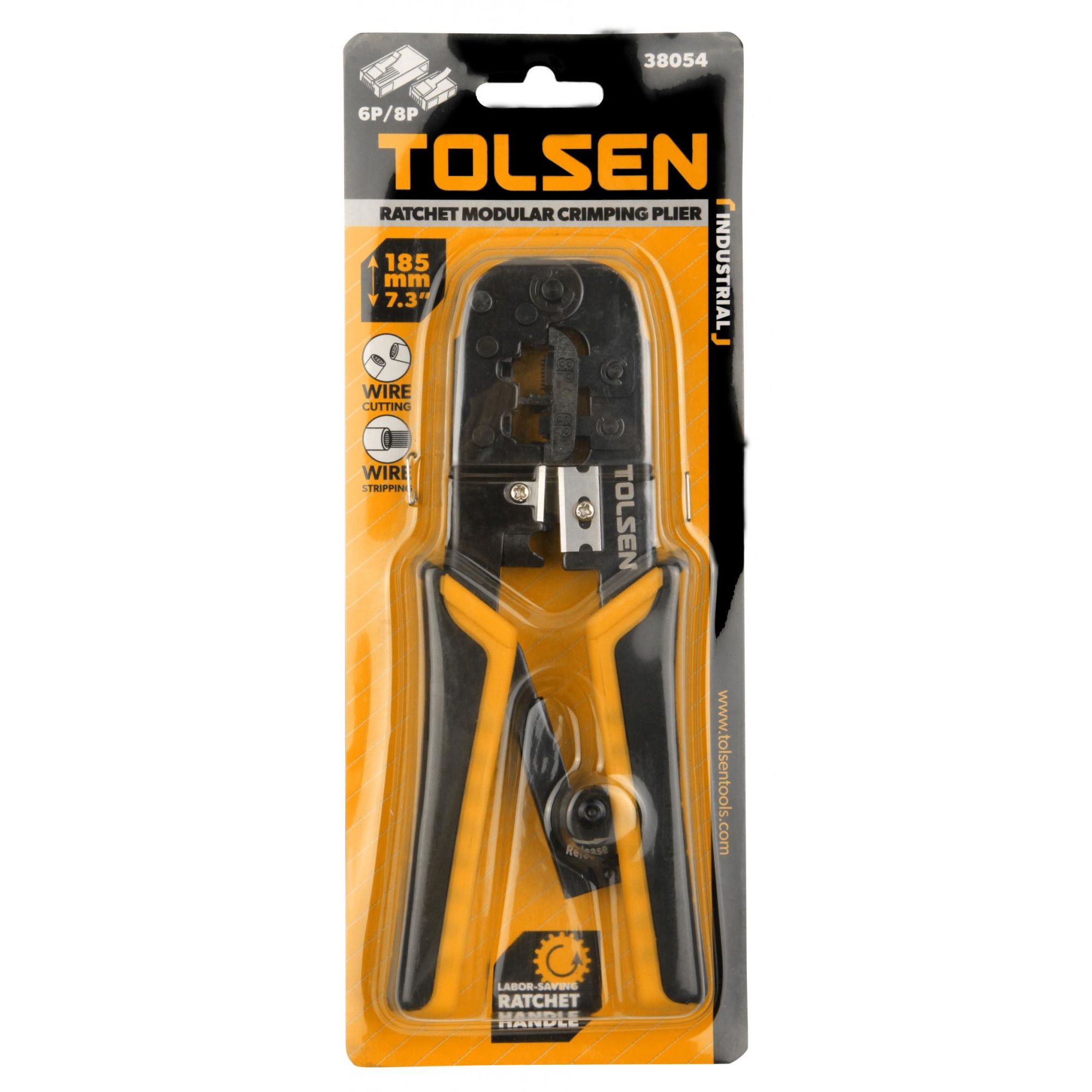 Picture of TOLSEN Ratchet Modular Crimping Pliers with round cable stripper (7.3 "/185mm 8P/6P) 38054 Industrial Series - Kings Trading