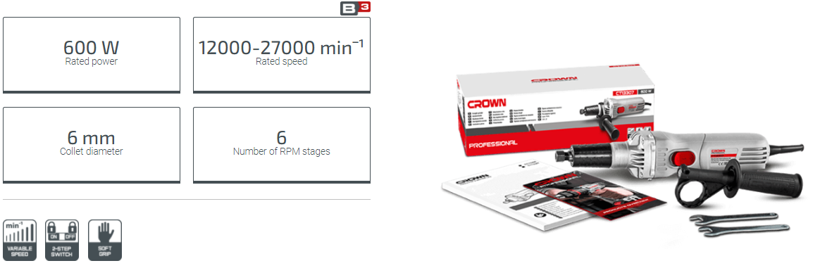 Picture of CROWN Straight Die Grinder 6mm(1/4") Collet Long Neck 600W/ CT13307 - Kings Trading