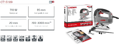 Picture of CROWN Jig Saw 710W, Capacity: Wood - 85 mm, Pendulum action, Stroke: 700 - 3 000 spm  Model: CT15189 - Kings Trading