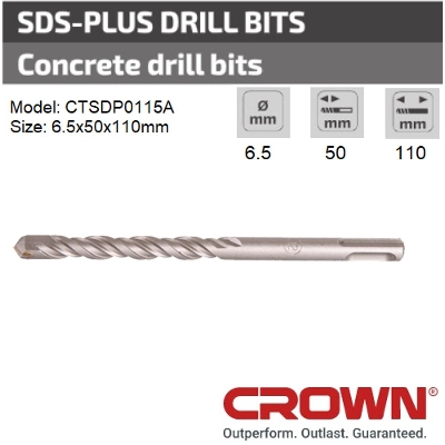Picture of CROWN 6.5x50x110mm SDS-plus Drill Bit for Concrete Model: CTSDP0115A - Kings Trading