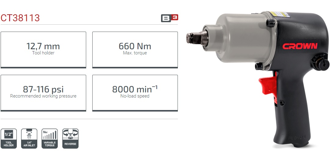 Picture of CROWN Pneumatic Impact Wrench 660N-m With 14 Pcs Accessories Model: CT380113 - Kings Trading
