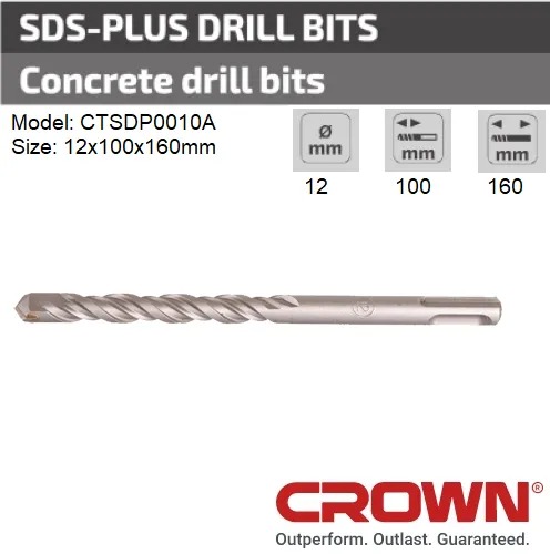 Picture of CROWN 12x100x160mm SDS-plus Drill Bit for Concrete Model: CTSDP0010A - Kings Trading
