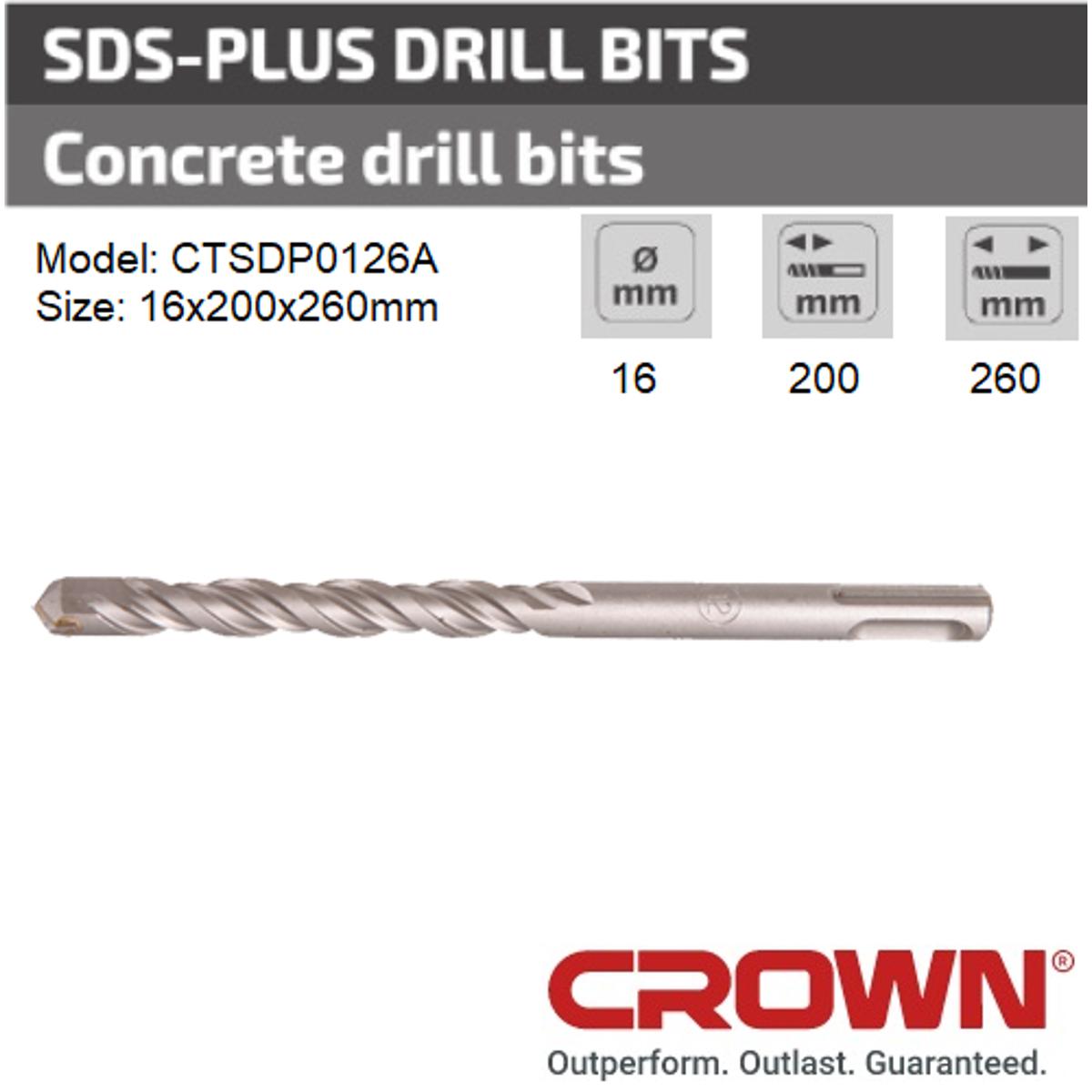 Picture of CROWN 16x200x260mm SDS-plus Drill Bit for Concrete Model: CTSDP0126A - Kings Trading