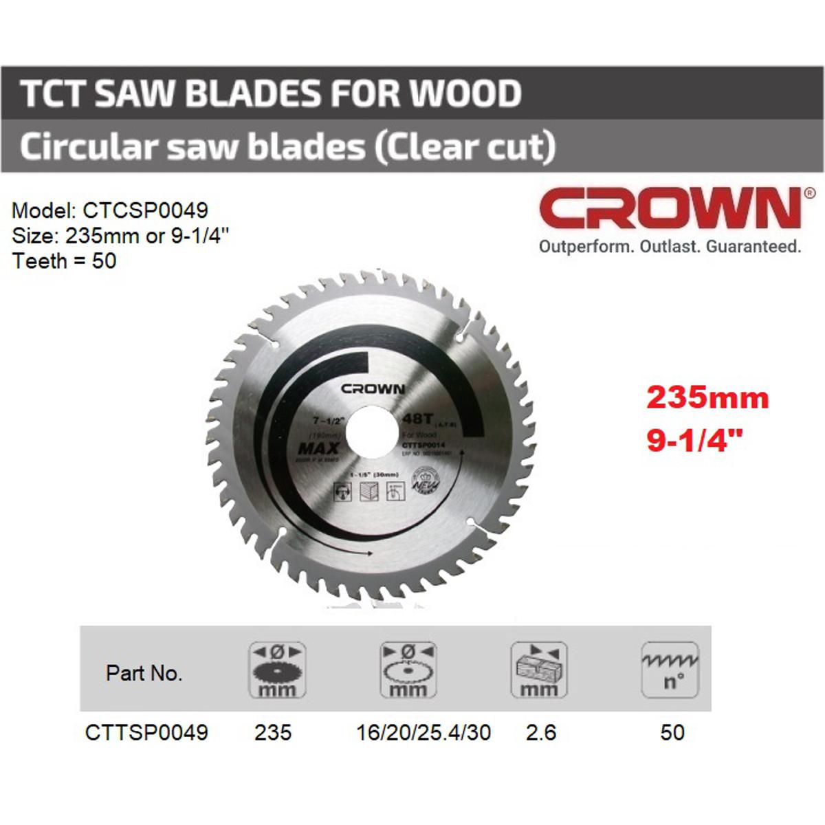 Picture of CROWN 9-1/4 " TCT Circular Saw Blade for Wood 235mm 50T Model: CTTSP0049 - Kings Trading