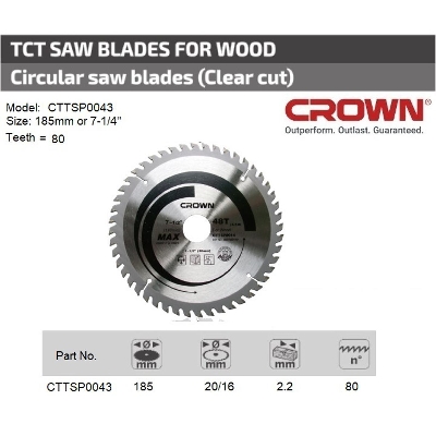 Picture of CROWN 7-1/4 " TCT Circular Saw Blade for Wood 185mm 80T Model:CTTSP0048 - Kings Trading