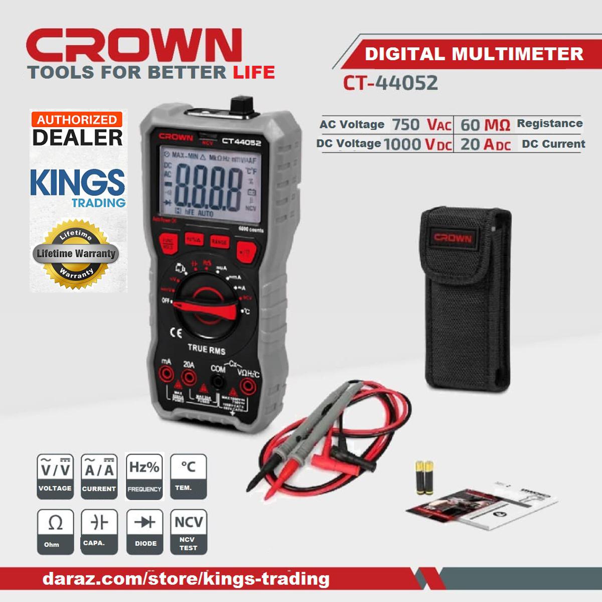 Picture of CROWN Digital Multimeter True RMS AC/DC Current Voltage, Resistance, Capacitance, Frequency & Temperature Mesauring Tool CT44052 - Kings Trading