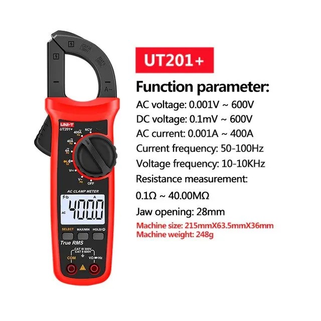 Picture of UNI-T UT201+ Digital Clamp Meter 400A True RMS Clamp Meter AC Current Voltage Meter NCV Diode Resistance Clamp Tester UT201+ - Kings Trading
