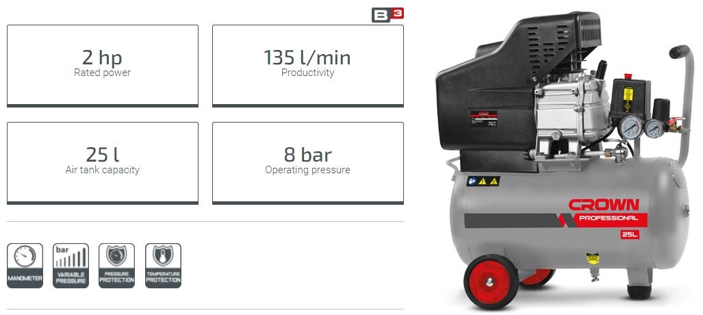 Picture of CROWN 25L Air Compressor 25L 2HP/1.5kW CT36028 - Kings Trading