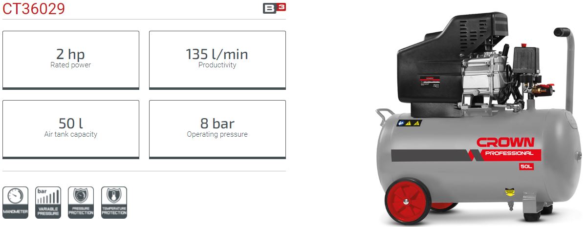 Picture of CROWN 50L Air Compressor 50L 2HP/1.5kW 135L/min CT36029 - Kings Trading
