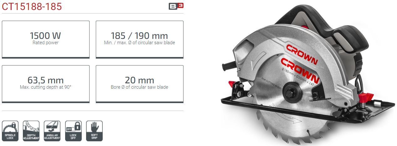 Picture of CROWN Circular Saw 185mm 1500W CT15188 - Kings Trading