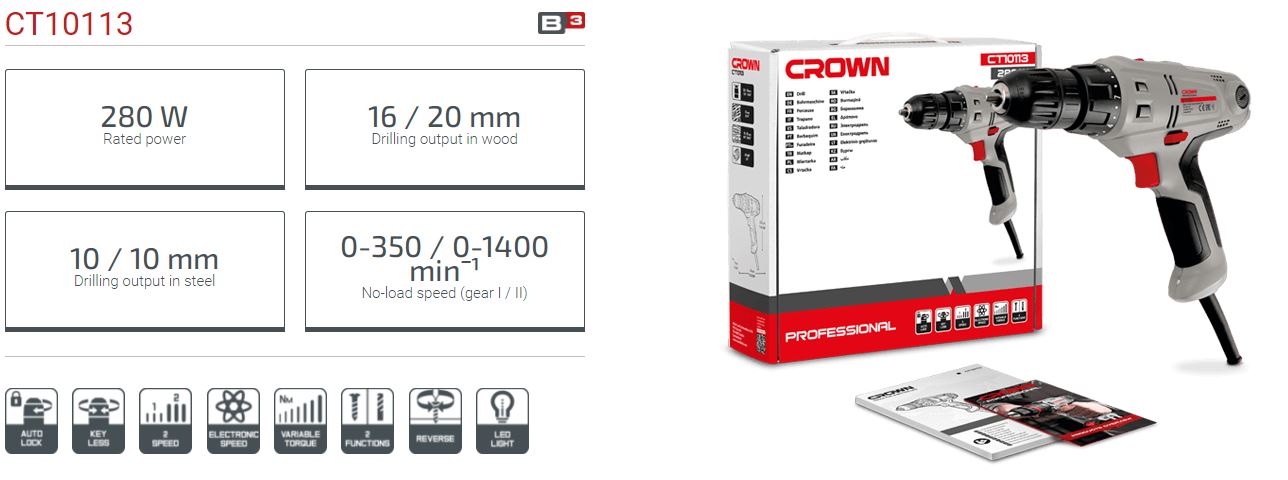 Picture of CROWN 10mm Electric Drill / Screwdriver 280W Keyless chuck Variable speed CT10113 - Kings Trading