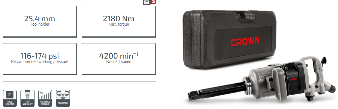 Picture of CROWN Pneumatic Impact Wrench Max. torque 2180Nm, Tool holder 1" or (25.4mm) , 116-174 psi, CT38085 - Kings Trading