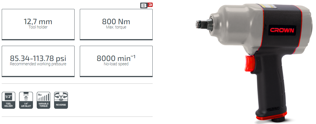 Picture of CROWN Pneumatic Impact Wrench Max. torque 800Nm, Tool holder 12.7mm (1/2 "), 85.34-113.78 psi , CT38115 - Kings Trading