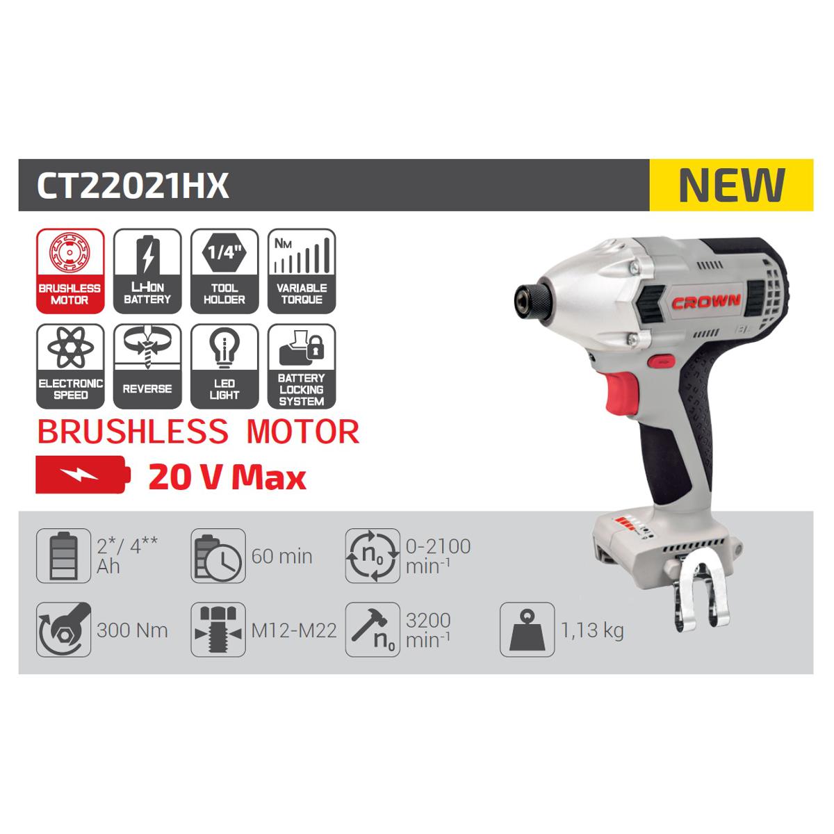 Picture of CROWN Cordless Drill Screwdriver Lithium-ion 20V 4Ah CT22021HX - Kings Trading
