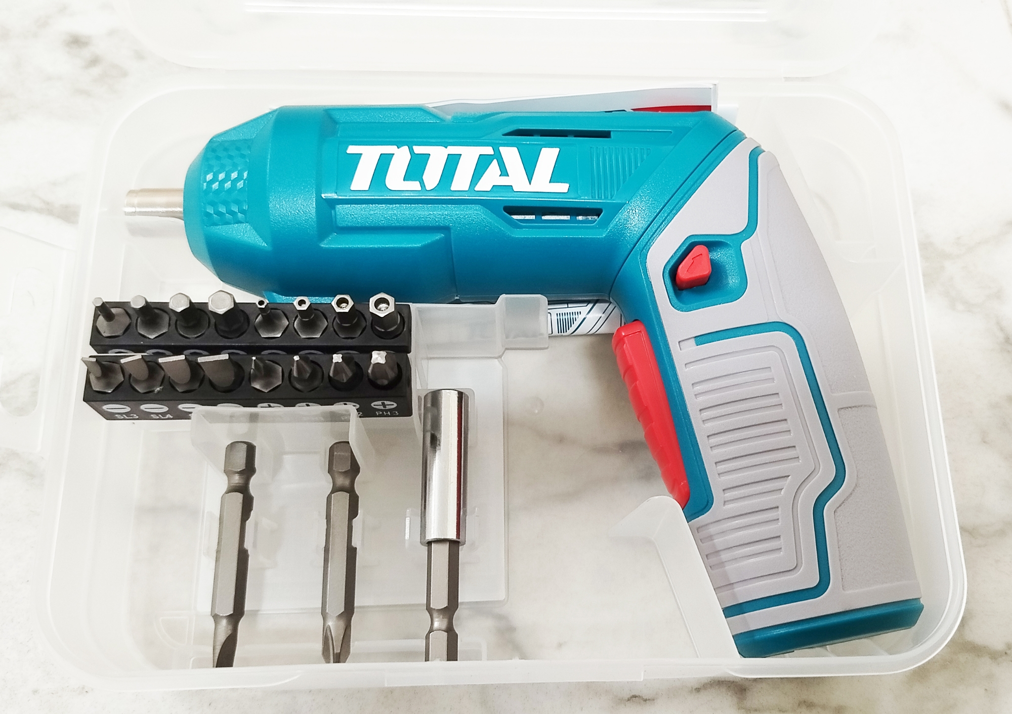 Picture of TOTAL Cordless Screwdriver /w 19pcs Accessories, 4V Lithium-Ion Battery, 1/4" Hex Shank TSDLI0442