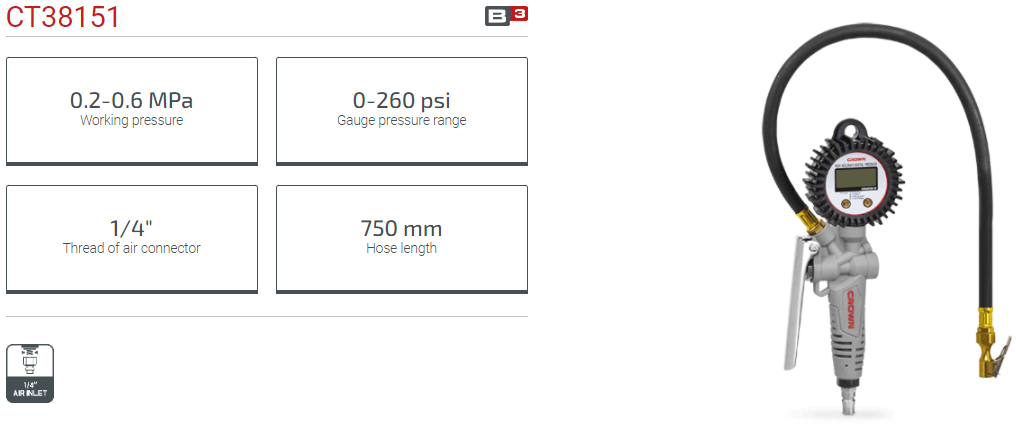 Picture of CROWN Tyre Inflator with Air Pressure Gauge CT38151 - Kings Trading