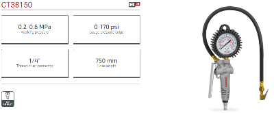 Picture of CROWN Tyre Inflator with Air Pressure Gauge CT38150 - Kings Trading