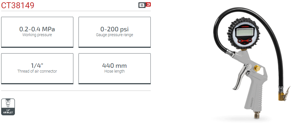 Picture of CROWN Tyre Inflator with Air Pressure Gauge CT38149 - Kings Trading