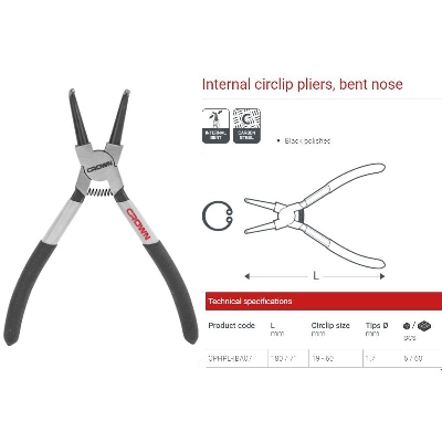 Picture of CROWN 7" Internal Circlip Pliers, 160mm, Bent Nose CPHPL-IBA07 - Kings Trading