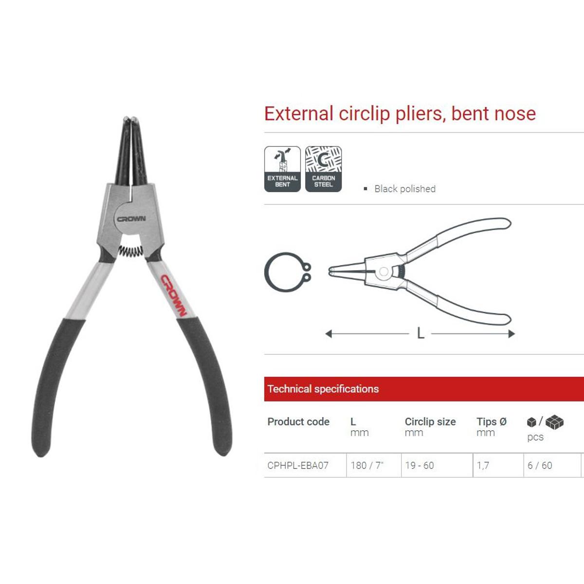 Picture of CROWN 7" External Circlip Pliers 160mm, Bent Nose CPHPL-EBA07 - Kings Trading