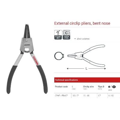 Picture of CROWN 7" External Circlip Pliers 160mm, Bent Nose CPHPL-EBA07 - Kings Trading