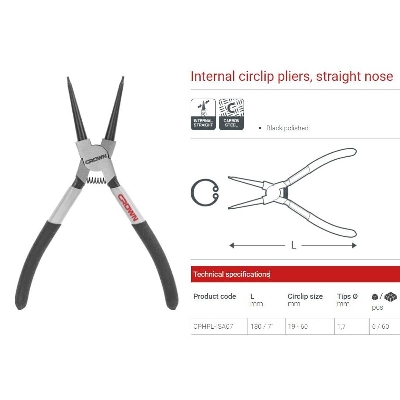 Picture of CROWN 7" Internal Circlip Pliers, 160mm, Straight Nose CPHPL-ISA07 - Kings Trading