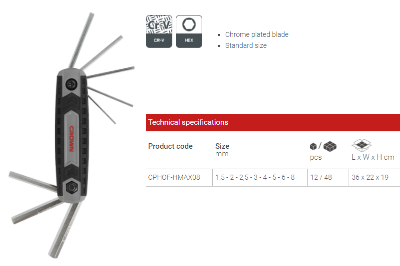 Picture of CROWN 8Pcs Foldable Hex Key Set (1.5mm, 2mm, 2.5mm, 3mm, 4mm, 5mm, 6mm, 8mm )  CPHOF-HMAX08 - Kings Trading