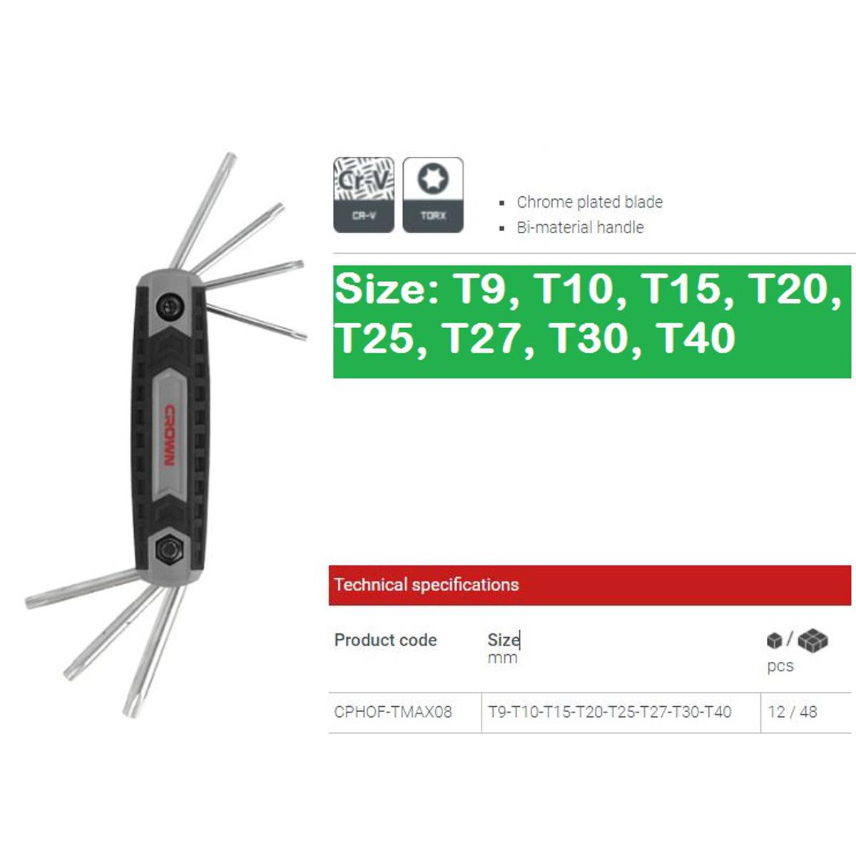 Picture of CROWN 8Pcs Foldable Torx Key Set ( T9, T10, T15, T20, T25, T27, T30, T40 ) CPHOF-TMAX08 - Kings Trading